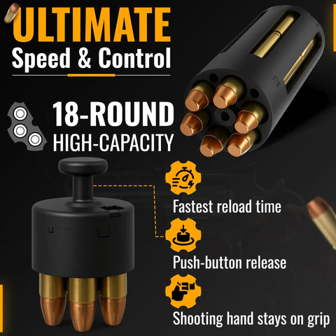 18 Round Speed Loader For 38 Special And 357 Magnum Revolvers High Capacity 2-In-1 Reload Tool displayed with features