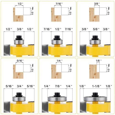 Solid Workhorse 1/4 Inch Shank Rabbet Router Bit Kit With Six Swappable Bearings And Razor Sharp Carbide Edge used to measure wood cut dimensions.