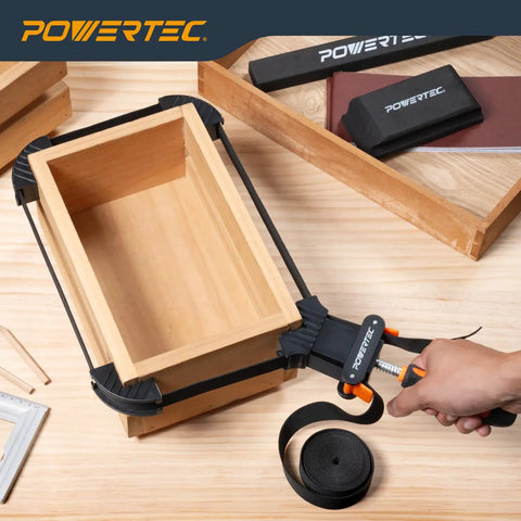 Strap Clamps For Woodworking With Quick Release Levers And An Ergonomic Handle, Pro Style Adjustable Band Clamp For Square Or Irregular Pieces, 13 Ft Strap Belt Clamp For Cabinets, Drawers, Picture Frames And More shown securing a wooden box