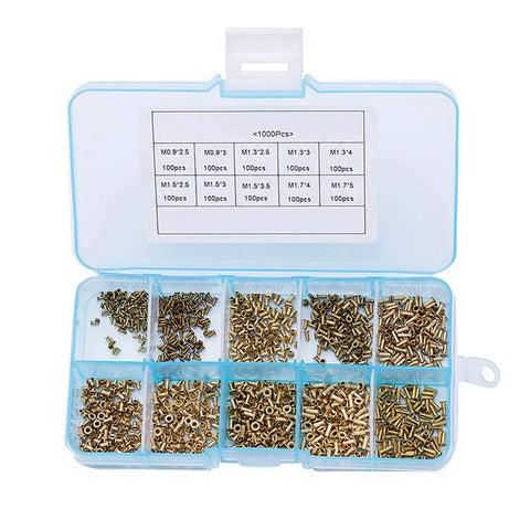Copper Hollow Rivets Kit For Circuit Boards M0.9 M1.3 M1.5 M1.7 Mixed Sizes in organizer box showing compartments