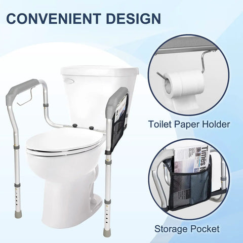 Adjustable Toilet Safety Rails With Grab Bar And Storage Bag For Seniors And Disabled Easy Push Button Height And Width Adjustment