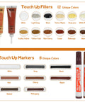 Wood Furniture Repair Kit 28 Piece Set with touch up markers and fillers showing color options for repairing scratches and discolorations.