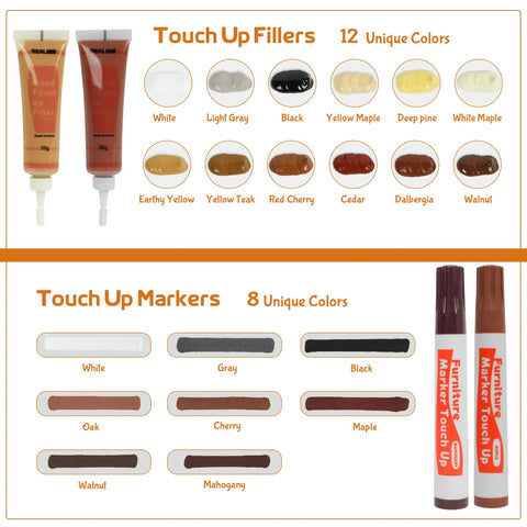 Wood Furniture Repair Kit 28 Piece Set with touch up markers and fillers showing color options for repairing scratches and discolorations.