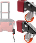 Front Wheels Upgrade Kit For Milwaukee Packout System Turn Your Packout Into A Four Wheel Dolly For Easier Maneuverability Across Garages Elevators And Sidewalks This Accessory Prevents Rear Flat Spots And Makes Transport Smooth On All Surfaces showing two red and black caster wheels with mounting hardware