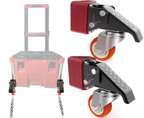 Front Wheels Upgrade Kit For Milwaukee Packout System Turn Your Packout Into A Four Wheel Dolly For Easier Maneuverability Across Garages Elevators And Sidewalks This Accessory Prevents Rear Flat Spots And Makes Transport Smooth On All Surfaces showing two red and black caster wheels with mounting hardware