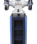10 Inch Variable Speed Bench Grinder Setup With Pedestal Dust Collector Combo Knockout Shop Beast Blue Finish, front view with protective shields.
