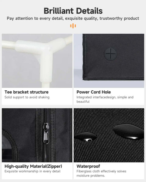 Close-up of Beefy 3D Printer Enclosure with tee bracket structure, power cord hole, high-quality zipper, and waterproof fabric.