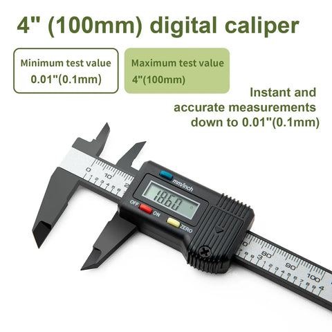 Compact Digital Caliper 0 To 4 Inch With Inch Millimeter Conversion And Auto Off Lightweight Plastic Carbon Fiber Measuring Tool