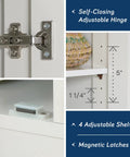 White Finish Double Door Storage Cabinet with close-up of adjustable hinges and magnetic latches for sleek space-saving organizer