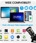 5MP USB Camera With 5 To 50 Millimeter Telephoto Lens 10X Optical Zoom shown with compatible devices and software icons