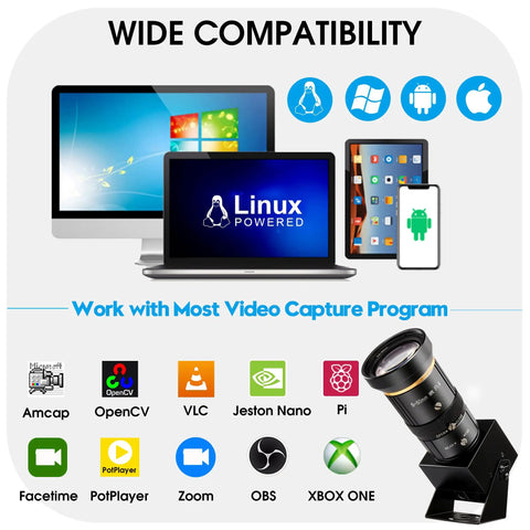 5MP USB Camera With 5 To 50 Millimeter Telephoto Lens 10X Optical Zoom shown with compatible devices and software icons