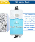 Thuxeon 12L water tank with measurement label, designed for portable dust collector, showing plastic texture and connection fittings.
