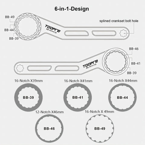 Diagram of Six In One Bicycle Bottom Bracket Tool For Hollowtech II And PF30 with size specifications and notch designs.