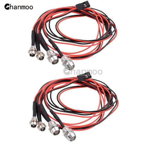 2 Pack 4 LED RC Car Light Kit White Headlights Red Taillights For Crawler Buggy Truck 4WD RC Vehicles Dope Upgrade With SCX10 SCX24 TRX4 TRX6 shown in coiled wires and connectors.