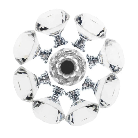 Top view of 12 Pack Diamond Shaped Crystal Glass Drawer Knobs 30mm Cabinet Pull Handles In Silver Finish, arranged in a circle.
