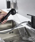 Matte Black Low Profile Kitchen Faucet With Pull Out Sprayer One Handle Design For Bar Sinks Easy Fill And Rinse in use