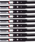 9 Pack Heavy Duty Mower Blades For 72 Inch Woods PRD7200 Series RD72 RD7200 RD7200 displayed in a row, showing width and center holes.