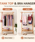 Before and after images of No Sweat Bra Hanger Rack And Tank Top Storage System Featuring 24 Sturdy Metal Hooks for better organization.