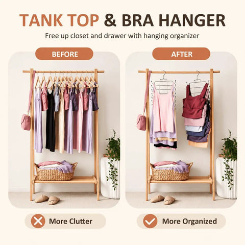 Before and after images of No Sweat Bra Hanger Rack And Tank Top Storage System Featuring 24 Sturdy Metal Hooks for better organization.