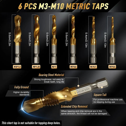 All In One 35 Piece Drill Bit Kit With 3 Step Drills 4 To 12, 4 To 20, 4 To 32, 13 Twist Bits, 6 Taps M3 To M10, 6 Screw Extractors
