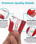 Close-up of Six Pack Clear Acrylic Self Adhesive Hinges 2.5x1.5 Inch for crafts and furniture with features highlighted.