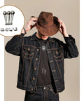Man wearing bolo tie and cowboy hat, inset of Bolo Tie Making Kit With 24 Cord End Findings And 12 Slide Clasps In Gold Silver Bronze Three Color Set DIY.