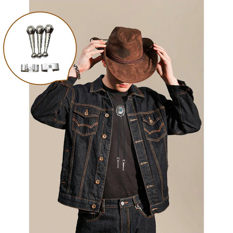 Man wearing bolo tie and cowboy hat, inset of Bolo Tie Making Kit With 24 Cord End Findings And 12 Slide Clasps In Gold Silver Bronze Three Color Set DIY.