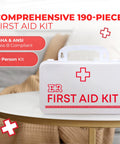 Front view of white plastic wall-mount first aid kit case with red cross and FIRST AID KIT label.