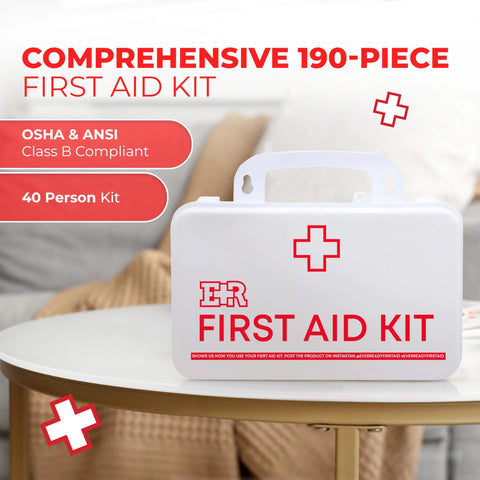 Front view of white plastic wall-mount first aid kit case with red cross and FIRST AID KIT label.