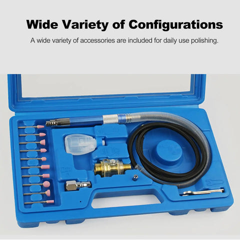 Air Powered Pencil Die Grinder Kit Pumping 65000 Rpm Beefed Up Torque with accessories in blue case for polishing and detail work.