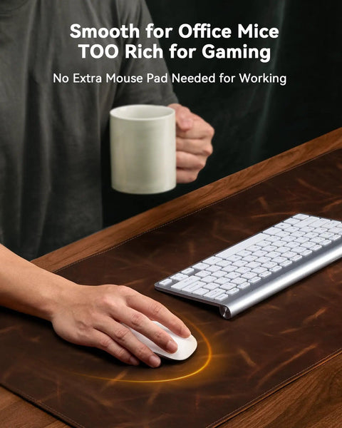Leather Desk Mat 35.4 By 17 Inches Real Leather Desk Pad With Oil Wax Finish 2mm thick, shown with keyboard and coffee cup