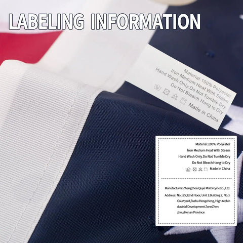 Label details on Heavy Duty 3x5 Outdoor American Flag For High Wind Waterproof Embroidered Stars Sewn Stripes Brass Grommets UV
