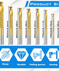8 Pack Titanium Coated HSS Twist Drill Bits Set shown with sizes from 60mm to 105mm, hex shank design for wood, metal, plastic drilling.