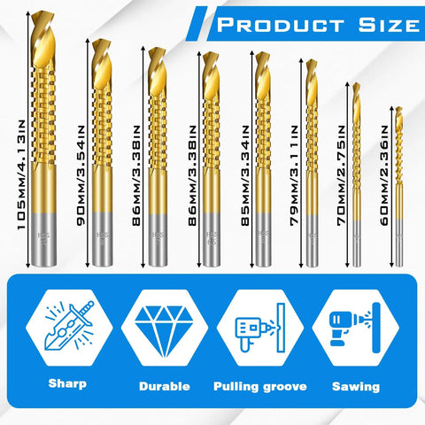 8 Pack Titanium Coated HSS Twist Drill Bits Set shown with sizes from 60mm to 105mm, hex shank design for wood, metal, plastic drilling.