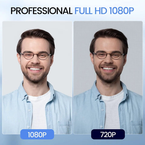 Side-by-side comparison showing 1080P and 720P resolution images of a smiling man wearing glasses.