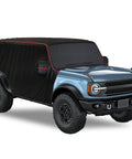 Bronco 4 Door Cab Cover 2021-2026, Heavy Duty 600D Waterproof Cab Protector with Driver Door Zipper shown on blue vehicle