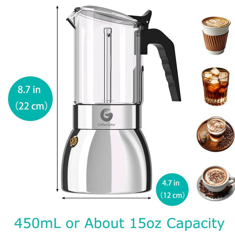 Stovetop Moka Pot For 9 Cups Espresso Maker 15oz Italian Coffee Clear Glass And Stainless Steel Base Silver Finish 450ml Capacity Easy Brew For Rich Cafe Quality Shots At Home