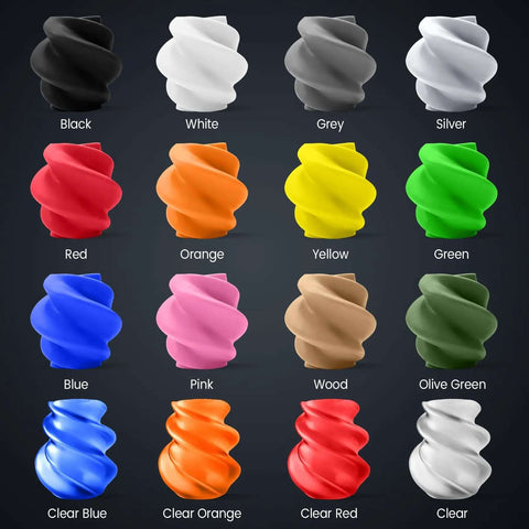 16 Color PLA Filament Bundle For 3D Printing, 1.75mm, showing 12 solid and 4 transparent colors in spiral shapes, includes red, blue, green.