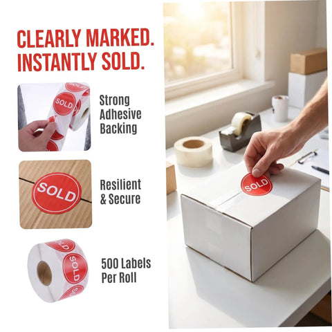 Red Round Self Adhesive Sold Stickers Two Inch Paper Labels For Retail Store And Warehouse Inventory Control Pricing Supplies 500 Pack With Strong Adhesion And Uniform Appearance For Clear Tagging And Easy Price Updates applied to box