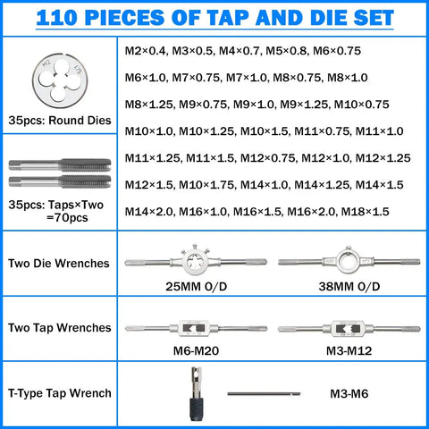 110 Piece Metric Tap And Die Set For Rethreading Threads Kit With Durable Storage Case Pro Grade External And Internal Thread Cutting M3 To M16 EilxMag overview showing taps, dies, and wrenches.
