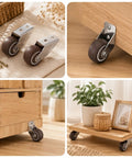 Close-up of Heavy Duty TPE Caster Wheels 1.5 Inch Diameter Two Pack Replacement Furniture Glides on desk and shelf.