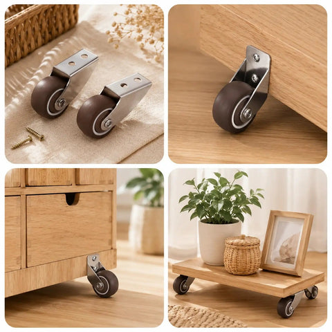 Close-up of Heavy Duty TPE Caster Wheels 1.5 Inch Diameter Two Pack Replacement Furniture Glides on desk and shelf.