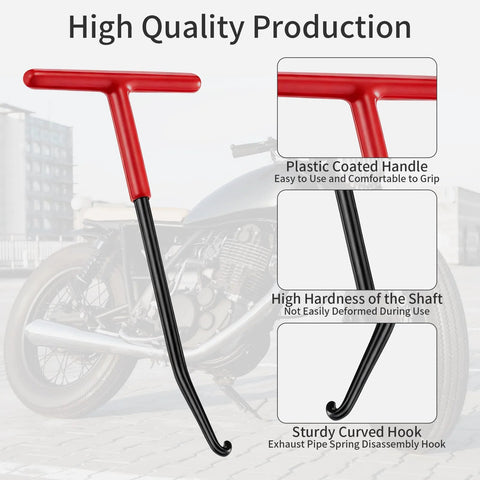 Two red T-handle exhaust spring pullers with curved black shafts and hooks for motorcycle exhaust springs.