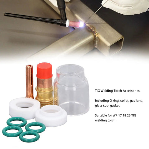 Top Tier 9 Piece TIG Welding Torch Kit With Collet Gas Lens Glass Cup Gasket O Ring For WP 17 18 26 Silly Brass Consumables Steel components and torch in use