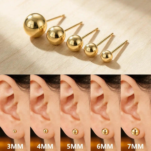 Five Piece Gold Ball Stud Earrings Set For Women Including 3mm 4mm 5mm 6mm And 7mm Sizes, 14K Gold Plated With 316L Steel Pins, Super Versatile Everyday Earrings displayed in five sizes on ear