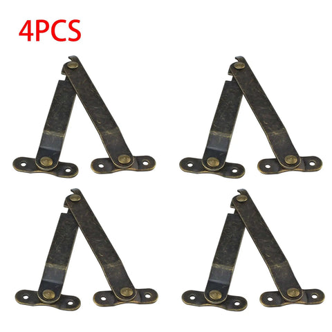 4 Pack Small Antique Brass Lid Folding Support Hinges for Wooden Boxes, Jewelry Cases and Chests, displayed on white background