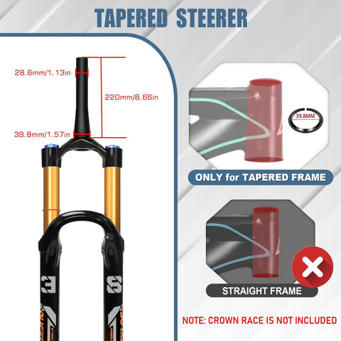 Hard-Hitting 29 Or 27.5 Inch Boost Downhill Air Fork with tapered steerer measurements and disc brake ready front suspension