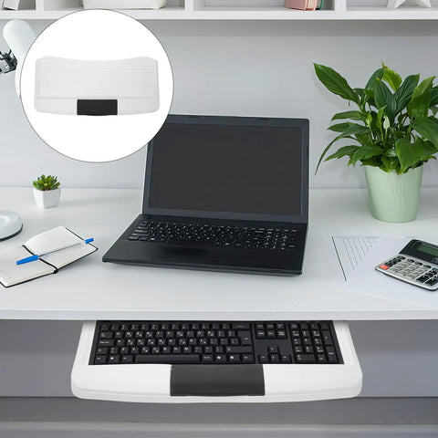Premium Under Desk Keyboard Tray With Dead Simple Pull Out Shelf And Swivel Mouse Dock Plus Quick Grab Pen Pocket For Zero Hassle Clutter Free Home Office Setup placed under a desk with a laptop.