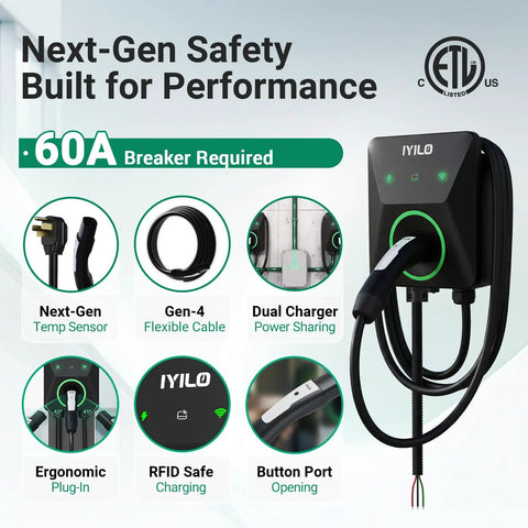 Level 2 EV Charger 48A 11.5KW 240V For Home Use, Fast 46 Mile Per Hour Charge, Adjustable 6-48A, Hardwired Install, UL ETL Energy Star Certified, 60A Breaker Required, Compatible With Most EVs, wall-mounted with cable