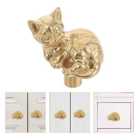 Dope Cat Shaped Brass Cabinet Door Knob With Smooth Finish, Vintage Gold Cabinet Pull For Kitchen And Home Decor